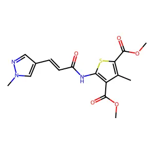 dimethyl 3-methyl-5-{[3-(1-methyl-1H-pyrazol-4-yl)acryloyl]amino}-2,4-thiophenedicarboxylate structure