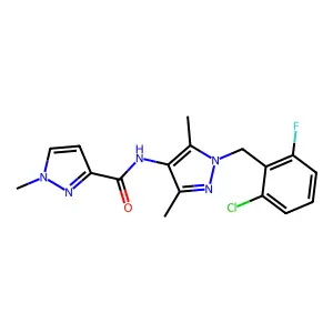 N-[1-(2-chloro-6-fluorobenzyl)-3,5-dimethyl-1H-pyrazol-4-yl]-1-methyl-1H-pyrazole-3-carboxamide structure