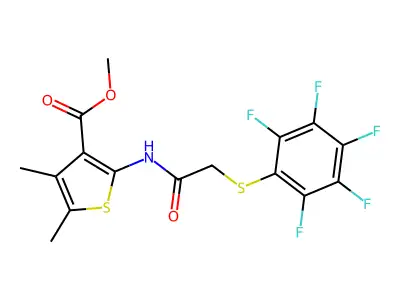 methyl 4,5-dimethyl-2-({[(pentafluorophenyl)sulfanyl]acetyl}amino)thiophene-3-carboxylate structure