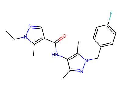 1-ethyl-N-[1-[(4-fluorophenyl)methyl]-3,5-dimethylpyrazol-4-yl]-5-methylpyrazole-4-carboxamide structure