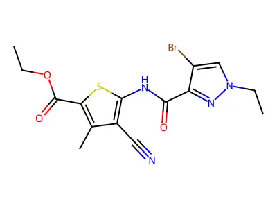ethyl 5-{[(4-bromo-1-ethyl-1H-pyrazol-3-yl)carbonyl]amino}-4-cyano-3-methyl-2-thiophenecarboxylate structure