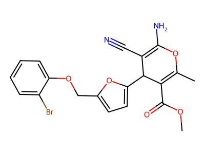 methyl 6-amino-4-[5-[(2-bromophenoxy)methyl]furan-2-yl]-5-cyano-2-methyl-4H-pyran-3-carboxylate structure