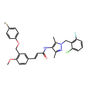 (E)-3-[3-[(4-bromophenoxy)methyl]-4-methoxyphenyl]-N-[1-[(2-chloro-6-fluorophenyl)methyl]-3,5-dimethylpyrazol-4-yl]prop-2-enamide structure