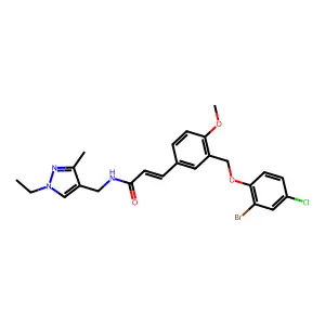 (E)-3-[3-[(2-bromo-4-chlorophenoxy)methyl]-4-methoxyphenyl]-N-[(1-ethyl-3-methylpyrazol-4-yl)methyl]prop-2-enamide structure