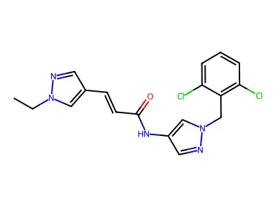 (E)-N-[1-[(2,6-dichlorophenyl)methyl]pyrazol-4-yl]-3-(1-ethylpyrazol-4-yl)prop-2-enamide structure