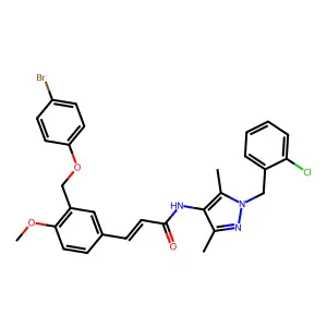 (E)-3-[3-[(4-bromophenoxy)methyl]-4-methoxyphenyl]-N-[1-[(2-chlorophenyl)methyl]-3,5-dimethylpyrazol-4-yl]prop-2-enamide structure