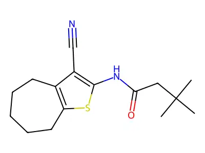 N-(3-cyano-5,6,7,8-tetrahydro-4H-cyclohepta[b]thiophen-2-yl)-3,3-dimethylbutanamide structure