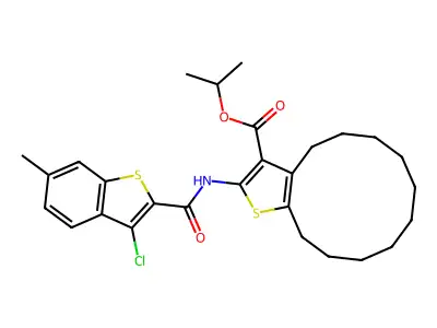 isopropyl 2-{[(3-chloro-6-methyl-1-benzothien-2-yl)carbonyl]amino}-4,5,6,7,8,9,10,11,12,13-decahydrocyclododeca[b]thiophene-3-carboxylate structure