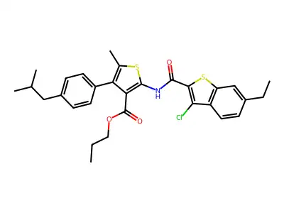 propyl 2-[(3-chloro-6-ethyl-1-benzothiophene-2-carbonyl)amino]-5-methyl-4-[4-(2-methylpropyl)phenyl]thiophene-3-carboxylate structure