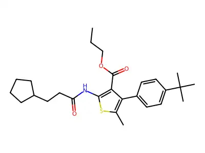 propyl 4-(4-tert-butylphenyl)-2-(3-cyclopentylpropanoylamino)-5-methylthiophene-3-carboxylate structure