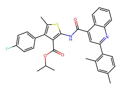 isopropyl 2-({[2-(2,4-dimethylphenyl)-4-quinolinyl]carbonyl}amino)-4-(4-fluorophenyl)-5-methyl-3-thiophenecarboxylate structure
