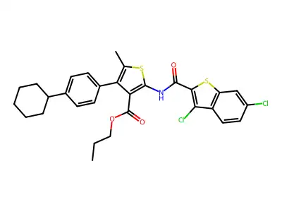 propyl 4-(4-cyclohexylphenyl)-2-[(3,6-dichloro-1-benzothiophene-2-carbonyl)amino]-5-methylthiophene-3-carboxylate structure