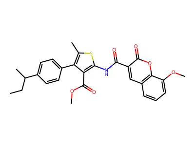 methyl 4-(4-butan-2-ylphenyl)-2-[(8-methoxy-2-oxochromene-3-carbonyl)amino]-5-methylthiophene-3-carboxylate structure