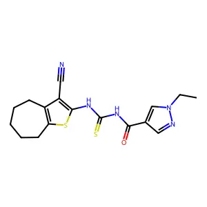 N-[(3-cyano-5,6,7,8-tetrahydro-4H-cyclohepta[b]thiophen-2-yl)carbamothioyl]-1-ethylpyrazole-4-carboxamide structure