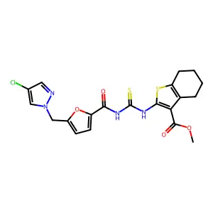 methyl 2-[[5-[(4-chloropyrazol-1-yl)methyl]furan-2-carbonyl]carbamothioylamino]-4,5,6,7-tetrahydro-1-benzothiophene-3-carboxylate structure