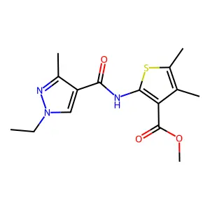 methyl 2-{[(1-ethyl-3-methyl-1H-pyrazol-4-yl)carbonyl]amino}-4,5-dimethyl-3-thiophenecarboxylate structure