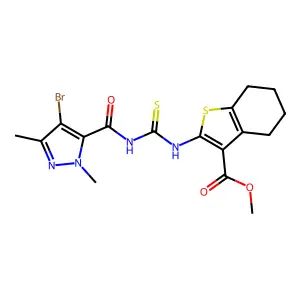methyl 2-({[(4-bromo-1,3-dimethyl-1H-pyrazol-5-yl)carbonyl]carbamothioyl}amino)-4,5,6,7-tetrahydro-1-benzothiophene-3-carboxylate structure