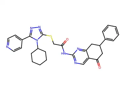 2-[(4-cyclohexyl-5-pyridin-4-yl-1,2,4-triazol-3-yl)sulfanyl]-N-(5-oxo-7-phenyl-7,8-dihydro-6H-quinazolin-2-yl)acetamide structure