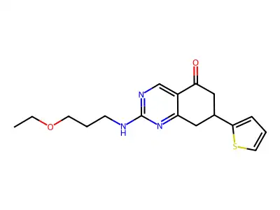 2-[(3-ethoxypropyl)amino]-7-(thiophen-2-yl)-7,8-dihydroquinazolin-5(6H)-one structure