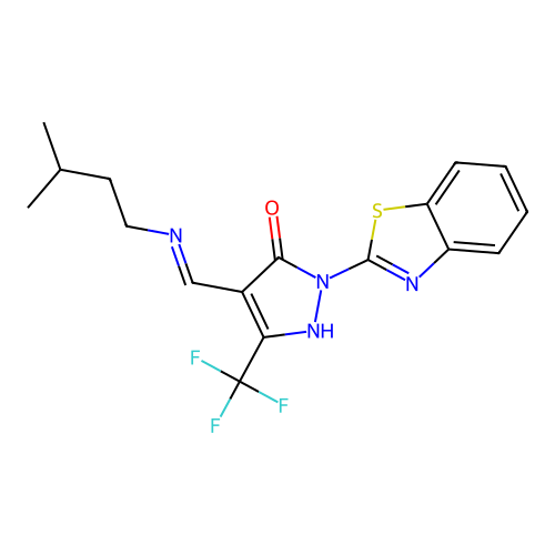 (4E)-2-(1,3-benzothiazol-2-yl)-4-{[(3-methylbutyl)amino]methylidene}-5-(trifluoromethyl)-2,4-dihydro-3H-pyrazol-3-one structure