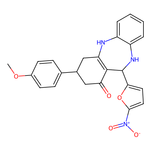 3-(4-methoxyphenyl)-11-(5-nitrofuran-2-yl)-3,4,10,11-tetrahydro-2H-dibenzo[b,e][1,4]diazepin-1-ol structure