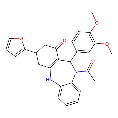 1-[11-(3,4-dimethoxyphenyl)-3-(furan-2-yl)-1-hydroxy-2,3,4,11-tetrahydro-10H-dibenzo[b,e][1,4]diazepin-10-yl]ethanone structure