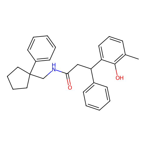 3-(2-hydroxy-3-methylphenyl)-3-phenyl-N-[(1-phenylcyclopentyl)methyl]propanamide structure