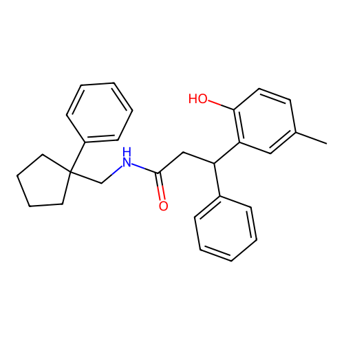 3-(2-hydroxy-5-methylphenyl)-3-phenyl-N-[(1-phenylcyclopentyl)methyl]propanamide structure
