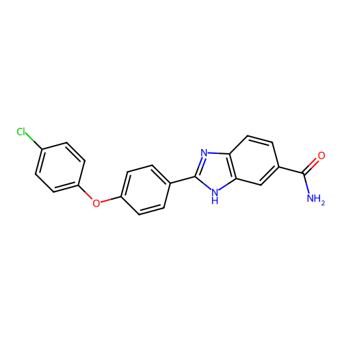 2-(4-(4-chlorophenoxy)phenyl)-1H-benzimidazole-5-carboxamide structure