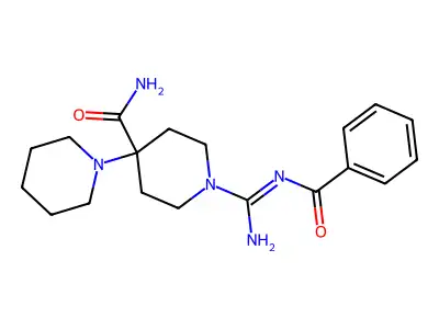 1-(N'-benzoylcarbamimidoyl)-4-piperidin-1-ylpiperidine-4-carboxamide structure