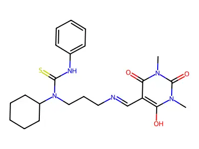 1-cyclohexyl-1-(3-{[(1,3-dimethyl-2,4,6-trioxotetrahydropyrimidin-5(2H)-ylidene)methyl]amino}propyl)-3-phenylthiourea structure