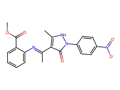 methyl 2-[[(1E)-1-[3-methyl-1-(4-nitrophenyl)-5-oxopyrazol-4-ylidene]ethyl]amino]benzoate structure