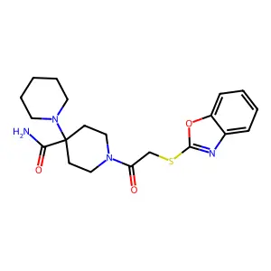 1-(2-(Benzo[D]oxazol-2-ylthio)acetyl)-4-(piperidin-1-YL)piperidine-4-carboxamide structure