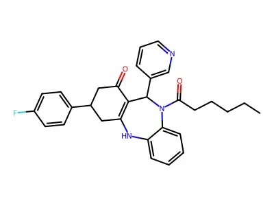 1-[3-(4-fluorophenyl)-1-hydroxy-11-(pyridin-3-yl)-2,3,4,11-tetrahydro-10H-dibenzo[b,e][1,4]diazepin-10-yl]hexan-1-one structure