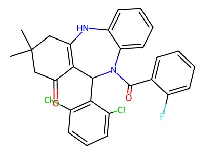 6-(2,6-dichlorophenyl)-5-(2-fluorobenzoyl)-9,9-dimethyl-6,8,10,11-tetrahydrobenzo[b][1,4]benzodiazepin-7-one structure