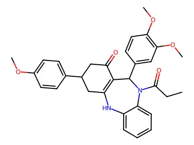 6-(3,4-dimethoxyphenyl)-9-(4-methoxyphenyl)-5-propanoyl-8,9,10,11-tetrahydro-6H-benzo[b][1,4]benzodiazepin-7-one structure
