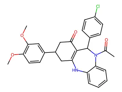 5-acetyl-6-(4-chlorophenyl)-9-(3,4-dimethoxyphenyl)-8,9,10,11-tetrahydro-6H-benzo[b][1,4]benzodiazepin-7-one structure