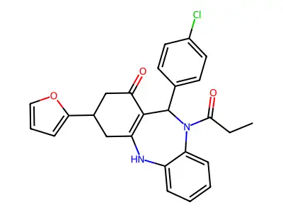 1-[11-(4-chlorophenyl)-3-(furan-2-yl)-1-hydroxy-2,3,4,11-tetrahydro-10H-dibenzo[b,e][1,4]diazepin-10-yl]propan-1-one structure