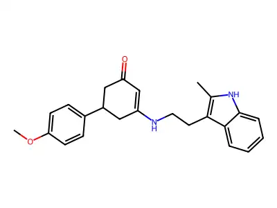 5-(4-methoxyphenyl)-3-[2-(2-methyl-1H-indol-3-yl)ethylamino]cyclohex-2-en-1-one structure