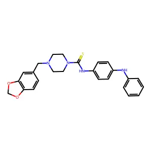 4-(1,3-benzodioxol-5-ylmethyl)-N-[4-(phenylamino)phenyl]piperazine-1-carbothioamide structure