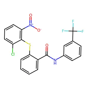 2-(2-chloro-6-nitrophenyl)sulfanyl-N-[3-(trifluoromethyl)phenyl]benzamide structure