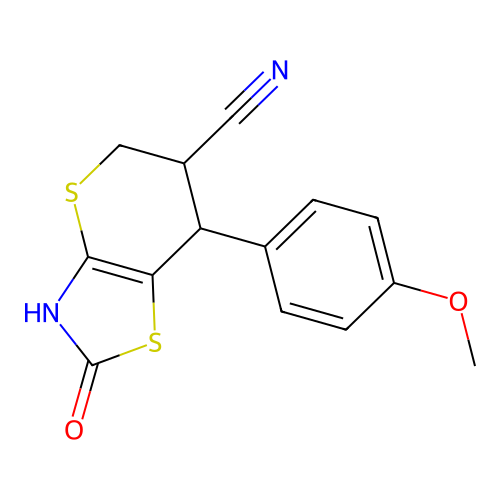 7-(4-methoxyphenyl)-2-oxo-3,5,6,7-tetrahydro-2H-thiopyrano[2,3-d]thiazole-6-carbonitrile structure