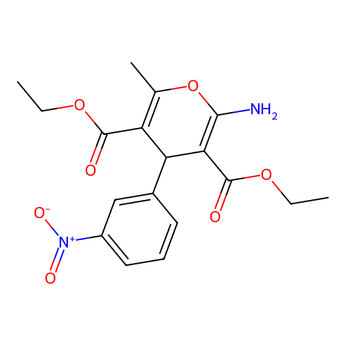 diethyl 2-amino-6-methyl-4-(3-nitrophenyl)-4H-pyran-3,5-dicarboxylate structure
