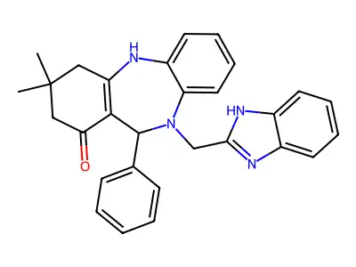 10-(1H-benzimidazol-2-ylmethyl)-3,3-dimethyl-11-phenyl-2,3,4,5,10,11-hexahydro-1H-dibenzo[b,e][1,4]diazepin-1-one structure