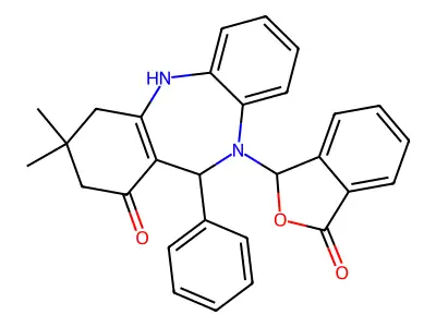 3,3-dimethyl-10-(3-oxo-1,3-dihydro-2-benzofuran-1-yl)-11-phenyl-2,3,4,5,10,11-hexahydro-1H-dibenzo[b,e][1,4]diazepin-1-one structure
