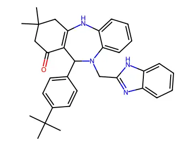 10-(1H-benzimidazol-2-ylmethyl)-11-(4-tert-butylphenyl)-3,3-dimethyl-2,3,4,5,10,11-hexahydro-1H-dibenzo[b,e][1,4]diazepin-1-one structure