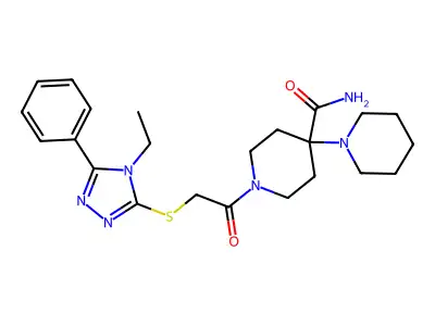 1'-{[(4-ethyl-5-phenyl-4H-1,2,4-triazol-3-yl)sulfanyl]acetyl}-1,4'-bipiperidine-4'-carboxamide structure