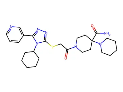 1'-({[4-cyclohexyl-5-(pyridin-3-yl)-4H-1,2,4-triazol-3-yl]sulfanyl}acetyl)-1,4'-bipiperidine-4'-carboxamide structure