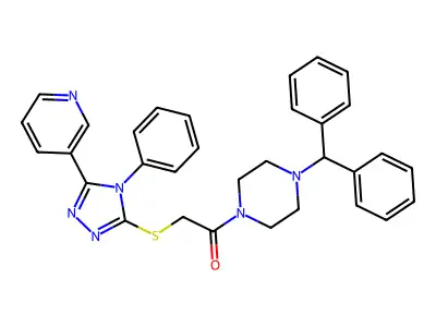 1-(4-benzhydrylpiperazin-1-yl)-2-[(4-phenyl-5-pyridin-3-yl-1,2,4-triazol-3-yl)sulfanyl]ethanone structure