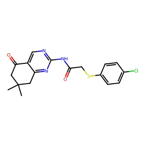 2-[(4-chlorophenyl)sulfanyl]-N-(7,7-dimethyl-5-oxo-5,6,7,8-tetrahydroquinazolin-2-yl)acetamide structure